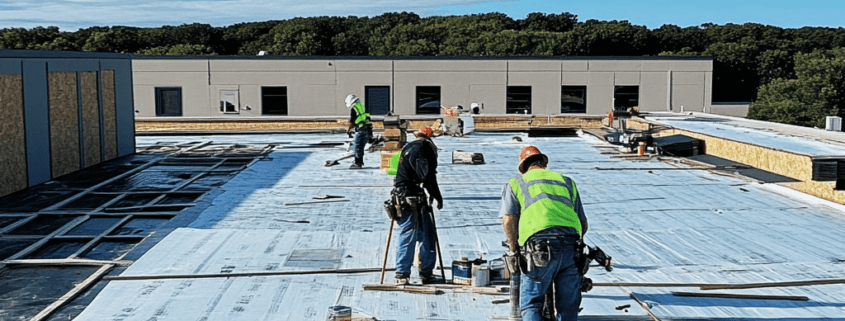 Commercial flat roof replacement in progress with contractors working on the roof.