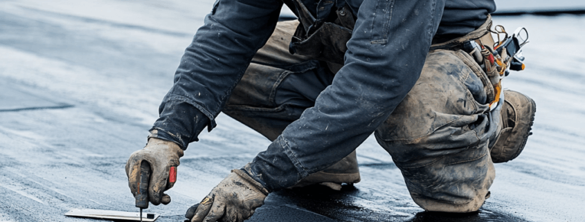 Professional roofer fixing a flat roof with visible cracks and damage.
