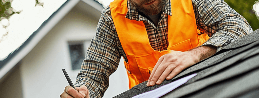 Roofing contractor answering questions from a homeowner during roof inspection.