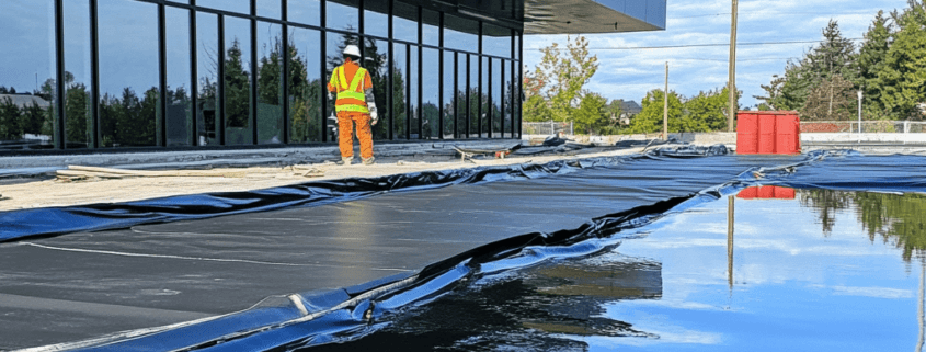 Flat roof drainage system being installed on a commercial building in Ontario