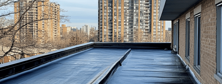 Flat roof waterproofing system installation on a commercial building in Ontario