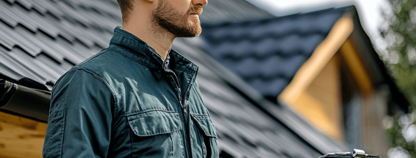 Professional roofer discussing various roof covering materials for installation.