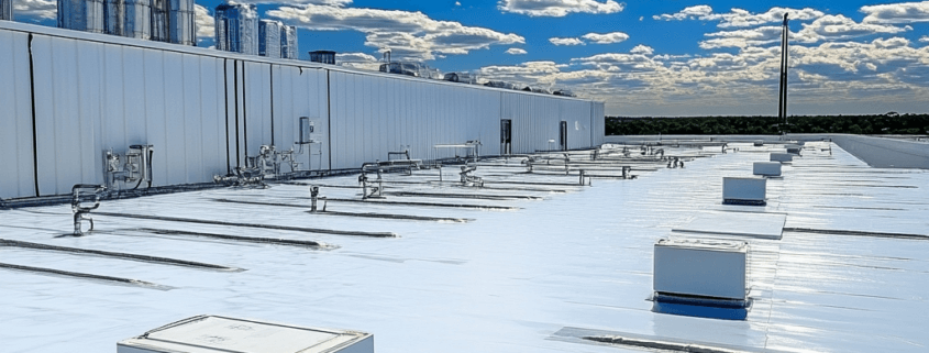 Thermoplastic olefin roofing installation on a commercial building, showcasing its durability and sleek finish