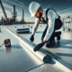 Professional roofing technician installing a TPO membrane on a flat commercial roof, emphasizing its weather-resistant and energy-efficient qualities.